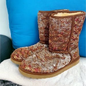Ugg Size 9‎ Gold Brown Sequin Sherpa Lined Short Sparkles Classic Autumn Boots